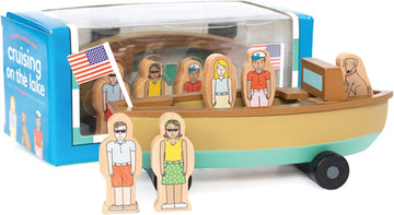 Jack Rabbit Creations 6-Piece Magnetic Lake Boat - Family of 4 & Dog Figures - FSC Wood, Non-Toxic - Wooden Boat Toy, Imaginative Play - Gift Boxed