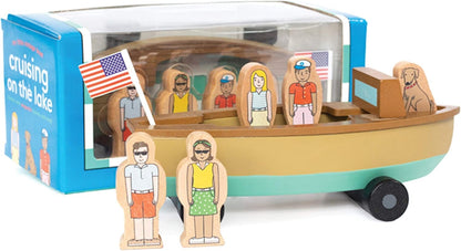 Jack Rabbit Creations 6-Piece Magnetic Lake Boat - Family of 4 & Dog Figures - FSC Wood, Non-Toxic - Wooden Boat Toy, Imaginative Play - Gift Boxed