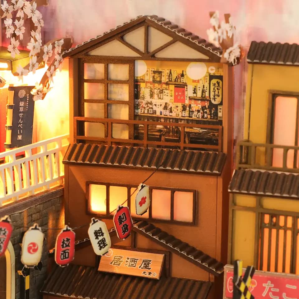 Sakura Densya DIY Book Nook Kit, 3D Wooden Puzzle Bookshelf Insert Decorative Bookend Model Kit with LED, DIY Crafts/Birthday Gifts/Home Decor