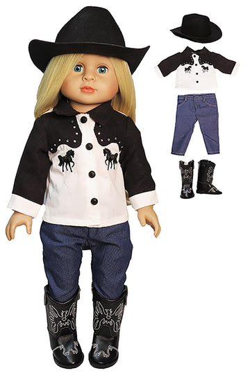 American Fashion World Western Cowboy/Cowgirl Outfit for 18 Inch Dolls - Shirt, Jeans, Black Cowboy Hat & Boots