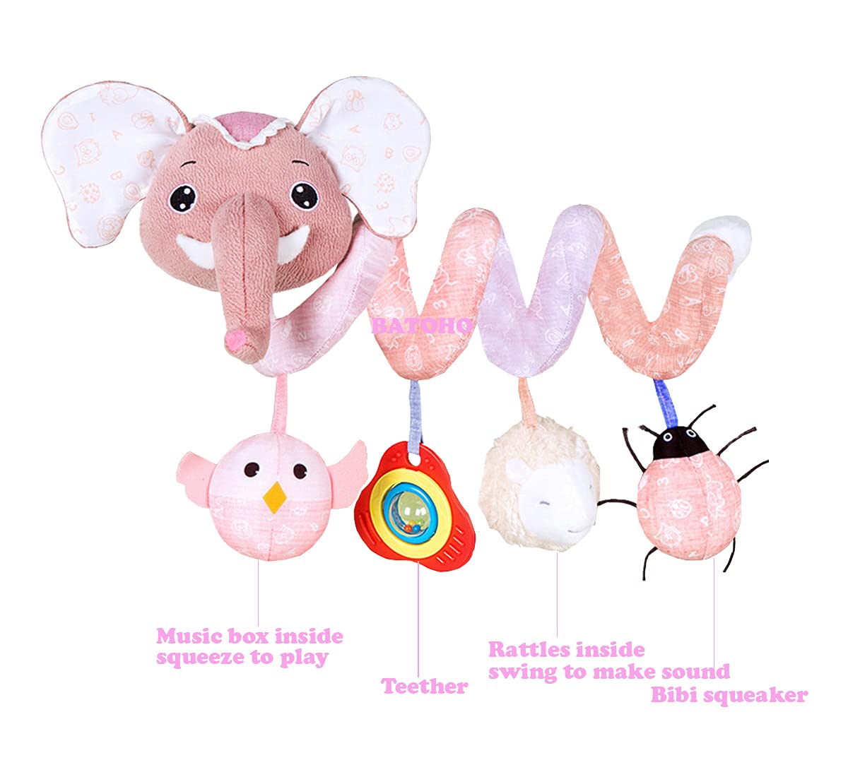 Musical Owl Rattle Sheep Pink Elephant Car Seat Toys for Babies 0-6 Months, Hanging Stroller Toys for Baby Girls 3-6 Month, Newborn Girl Infants Baby
