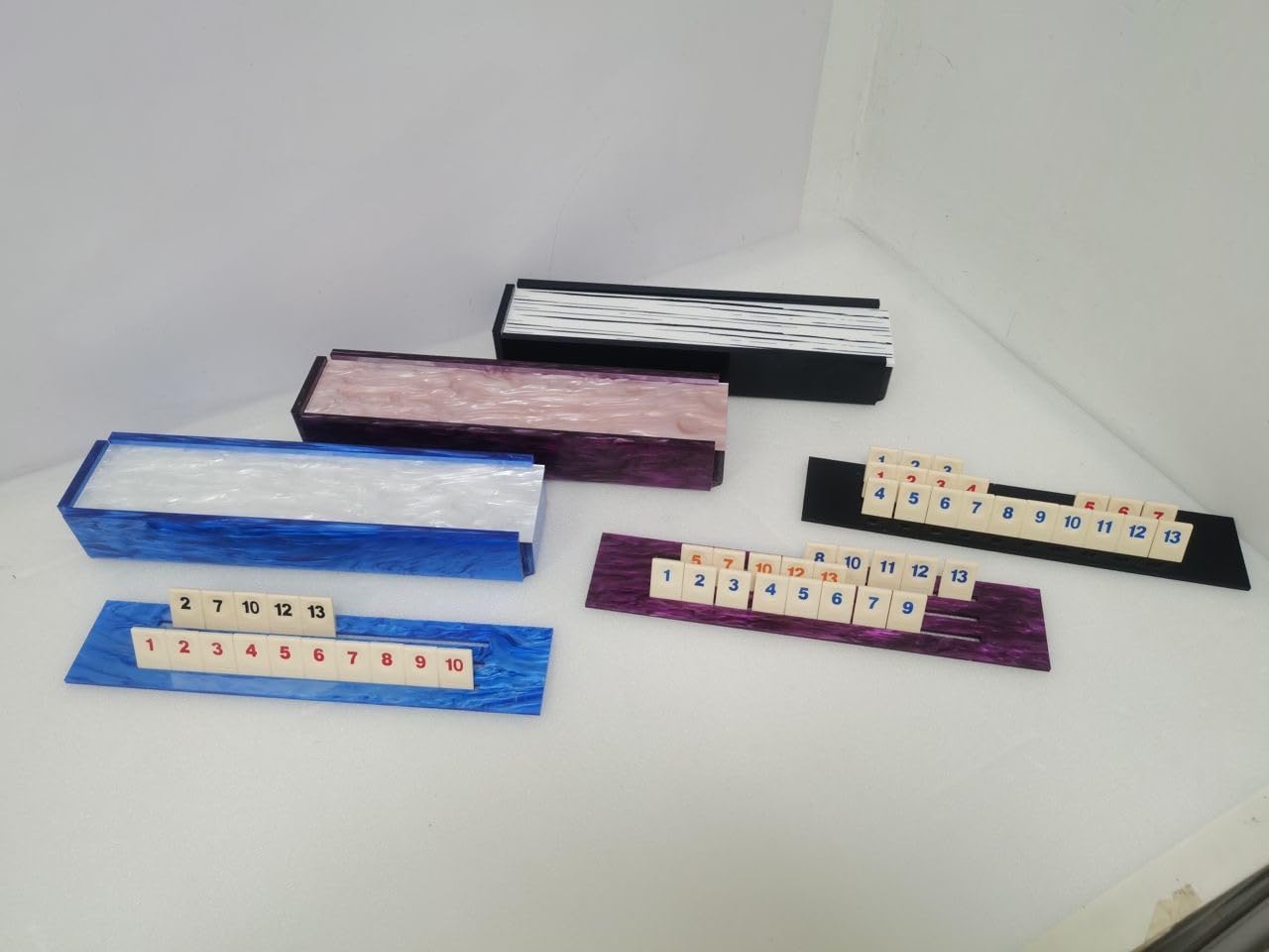 Lucite Rumikub Premium Set - Tiles, Holders, and Storage Acrylic Box Included (Blue Marble/White Marble)
