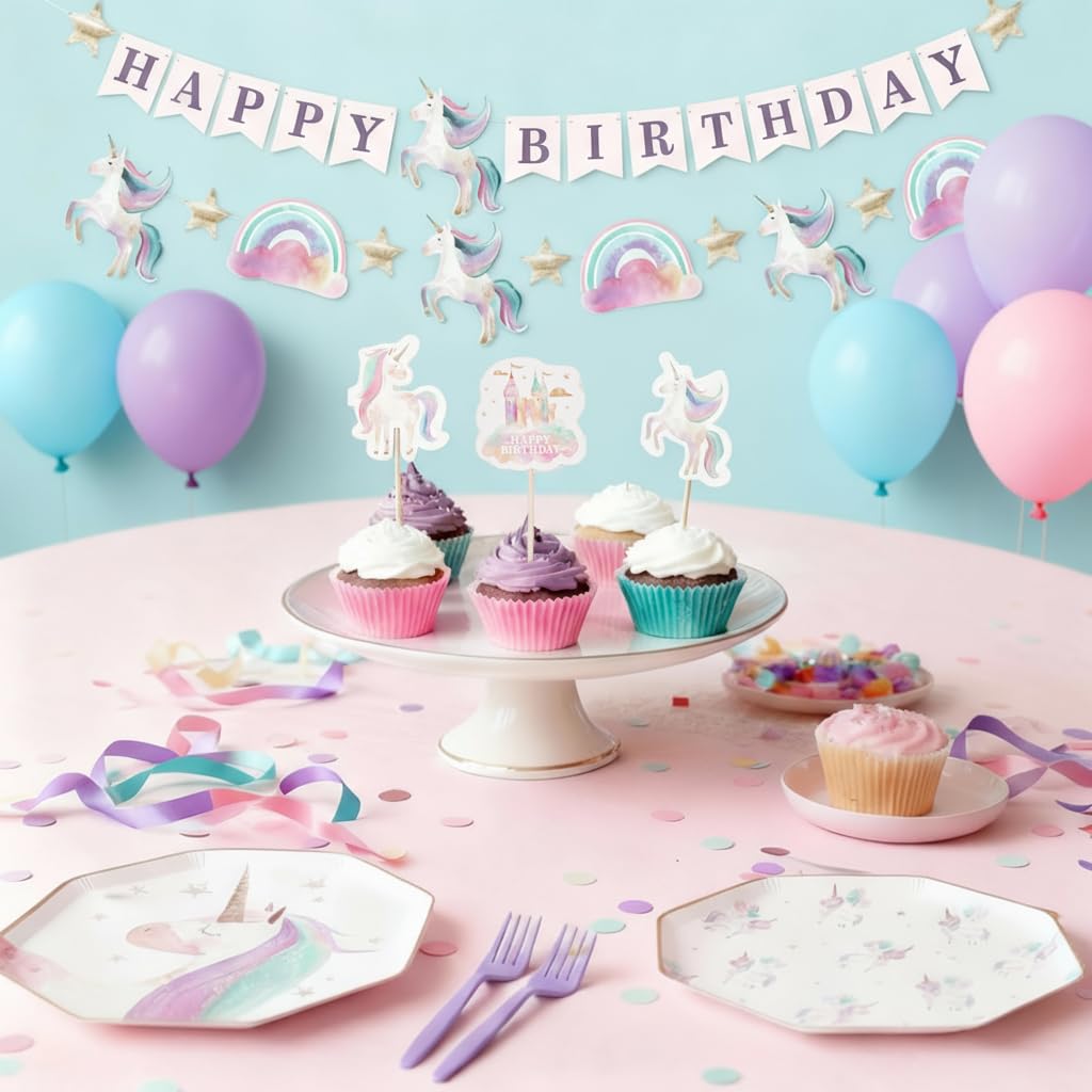 Modern Whimsy Unicorn Cupcake Toppers | Set of 24 | Rainbow Unicorn Birthday Decorations & Party Supplies - Perfect Magical Cupcake Decorations & Cake