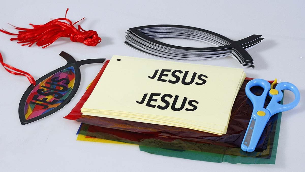Lanxitown 24 Sets DIY Christian Jesus Fish Craft Kit Christian Crafts for Kids Window Art Kit Stained Glass Kit Suncatcher Kits for Kids Sunday School