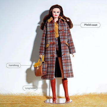 AQQeenmiu Luxury Doll Clothes Set, Plaid Winter Coat with Handbag and Boots, for 11.5-12 inch Fashion Dolls, Brown Tartan Pattern