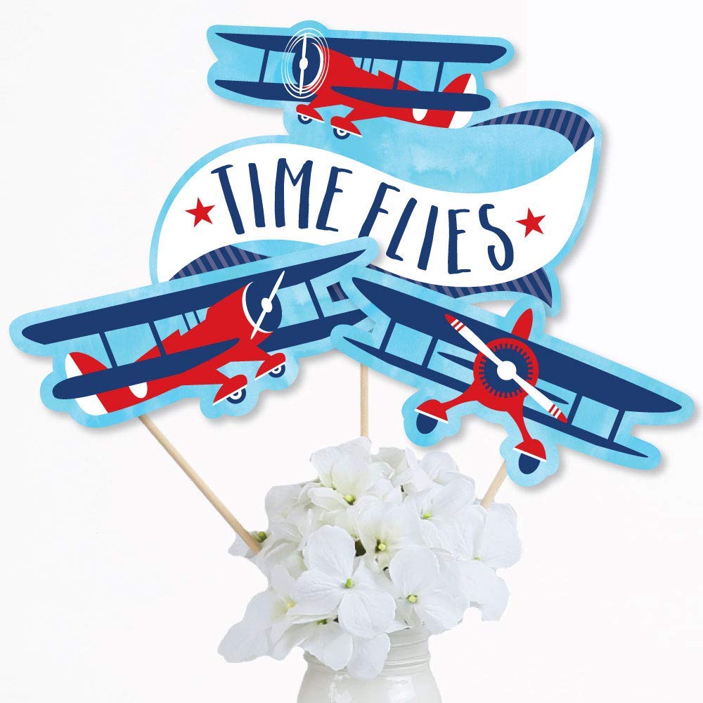 Big Dot of Happiness Taking Flight - Airplane - Vintage Plane Baby Shower, Birthday Party Centerpiece Sticks - Table Toppers - Set of 15