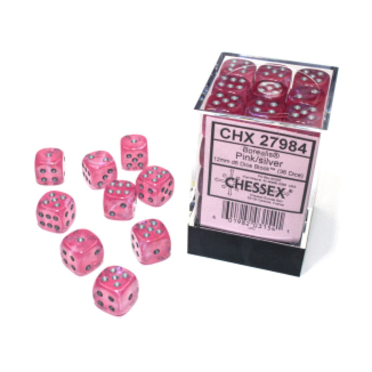 Chessex Borealis 12mm d6 Pink/Silver Luminary Dice Block (36 dice) (27984)