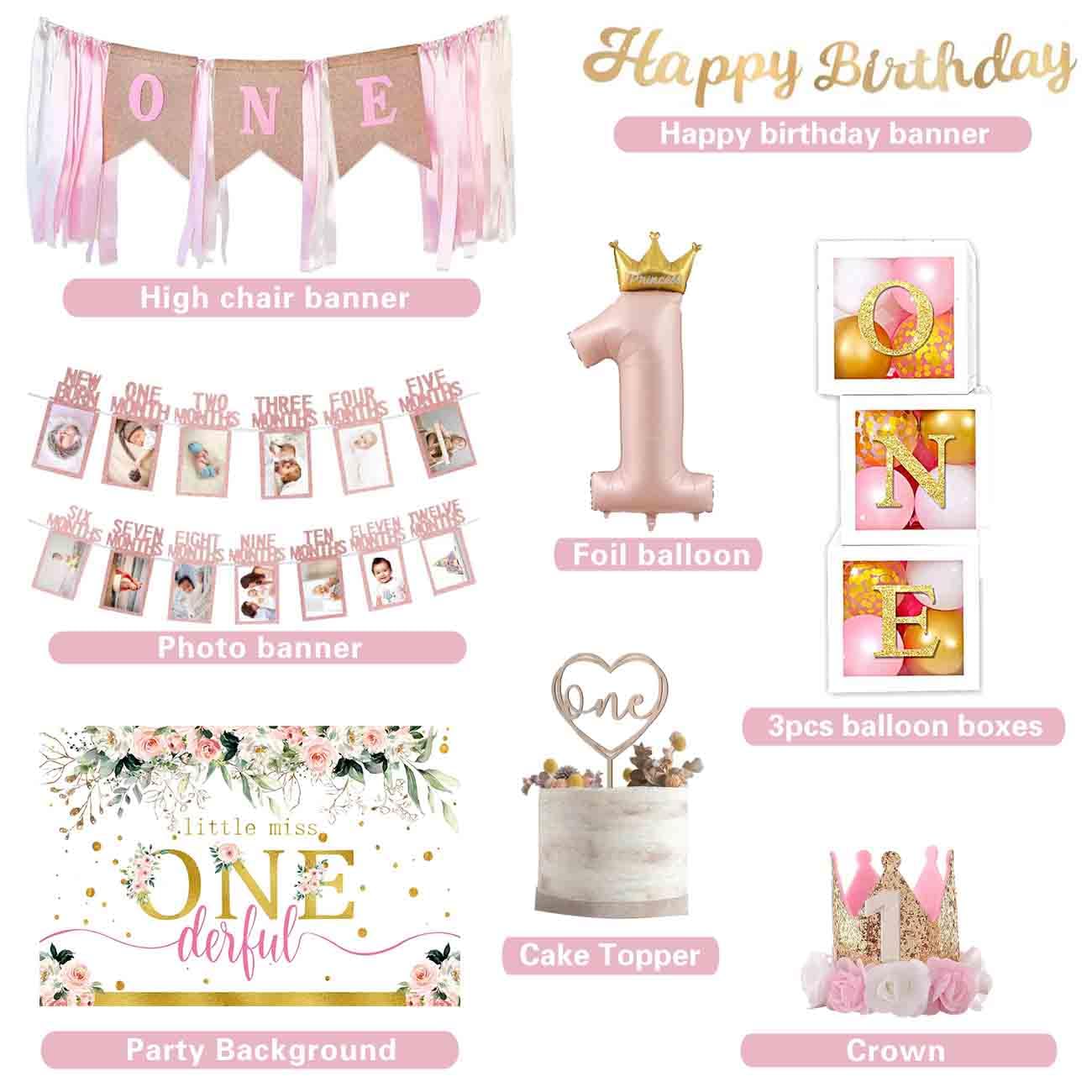 Baby Girl 1st Birthday Decorations Supplies - Balloon Boxes, Pink Gold Balloons Garland Arch Kit?Party Backdrop, High Chair Banner, Crown, Photo