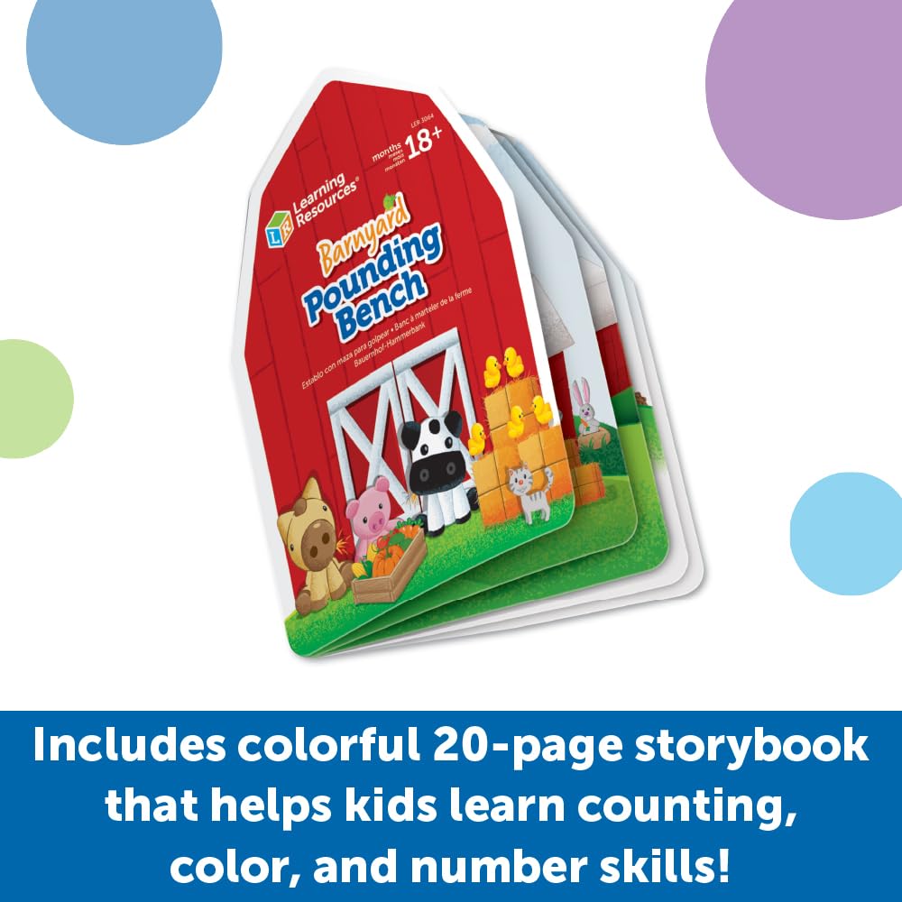 Learning Resources Barnyard Pounding Bench, Farm Animals for Kids, Fine Motor Skills, Montessori Toys, Hammer Toy , Ages 18 Months+, 3 Pieces