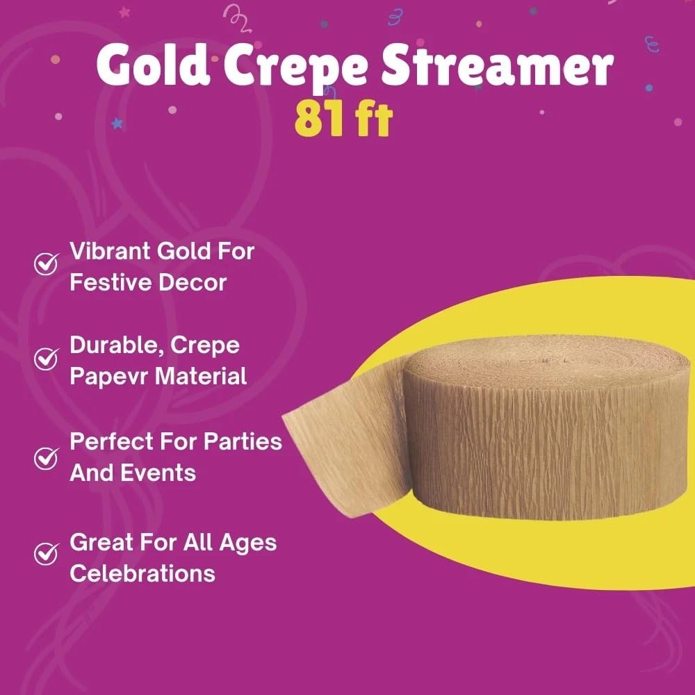 Gold Crepe Crepe Paper Roll Streamer - 81 ft (Pack Of 1) - Perfect For Parties, Decorations & Events