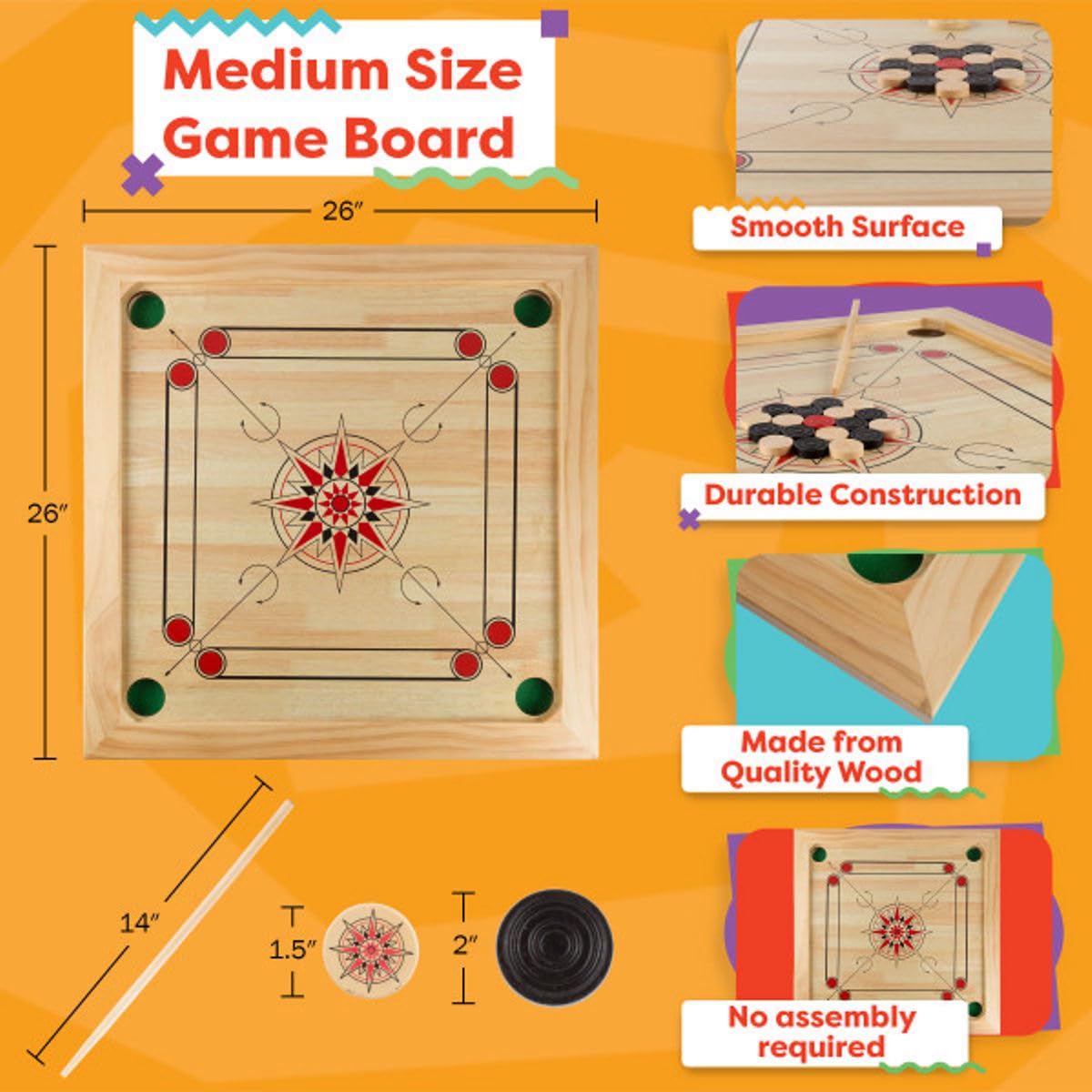 Carrom Board Game - Wooden Strike and Pocket Game Set with Group of Black and Beige Coins, 2 Red Queen Coins, Striker Coin, and Cue Sticks by Hey Play