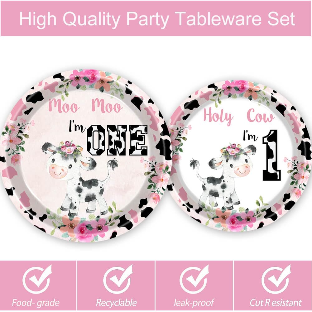 100 Pcs Holy Cow I'm One Birthday Decorations Girl Tableware Cow Print 1st Birthday Party Supplies Includes Plates, Forks, Cups, Napkins for Girls One