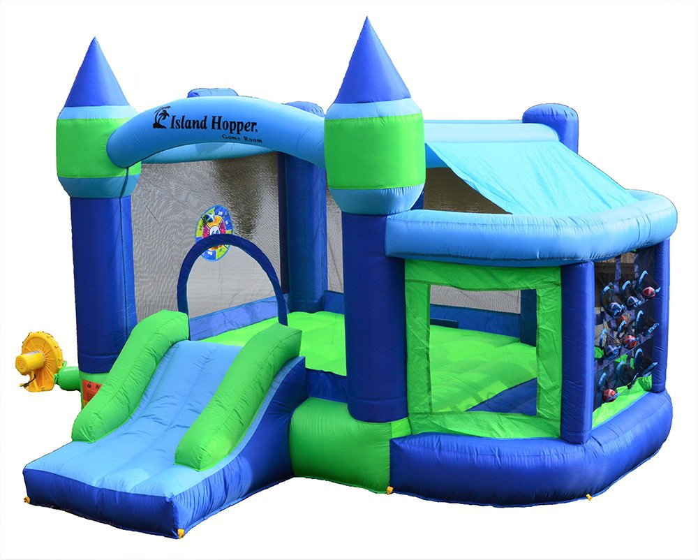 Island Hopper Shady Play Game Room with Shaded Canopy - Recreational Bounce House with Padded Floor Side Room, Basketball, Target Throw, tic-tac-Toe