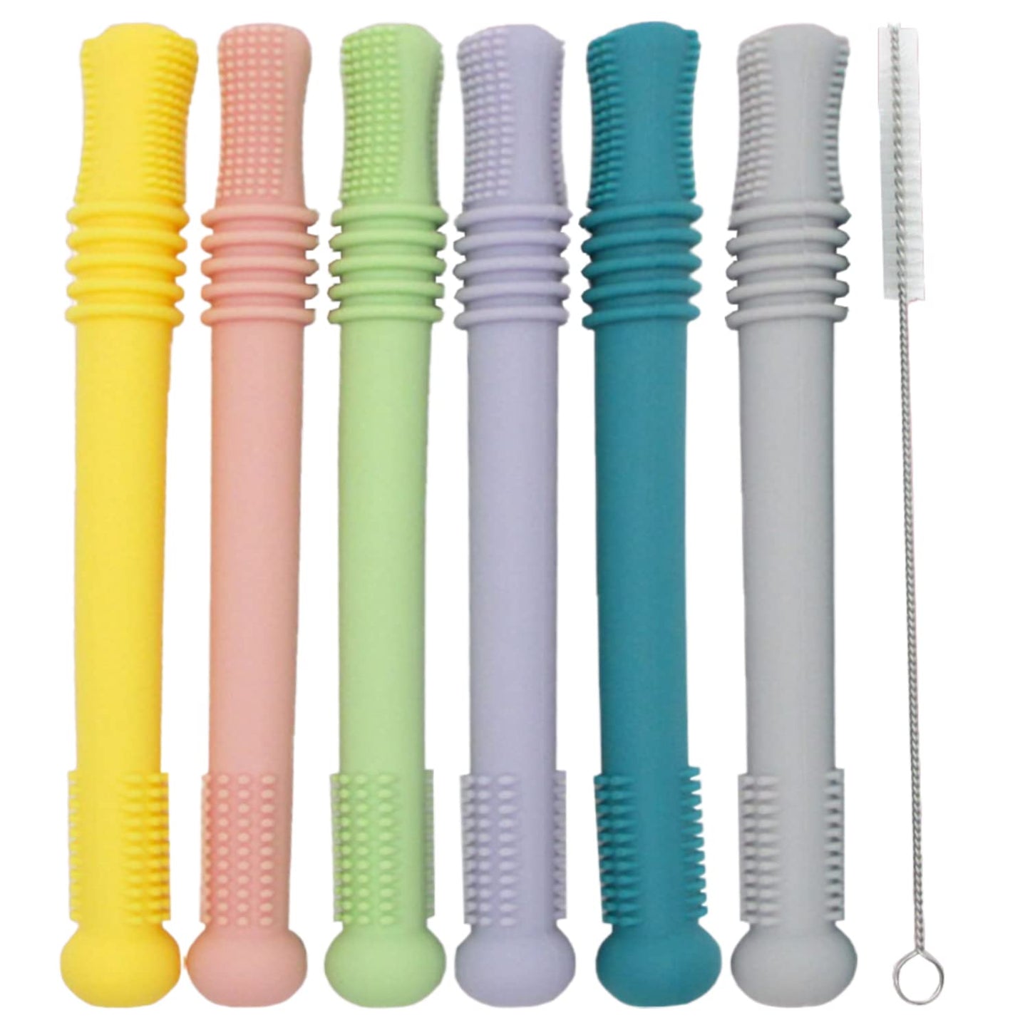 Gadgetime USA Hollow Stick Teether (Pack of 6) - Chew Straw Toy for Toddlers - Infant Silicone Tube - BPA Free, Freezer Safe, Dishwasher Safe, Easy