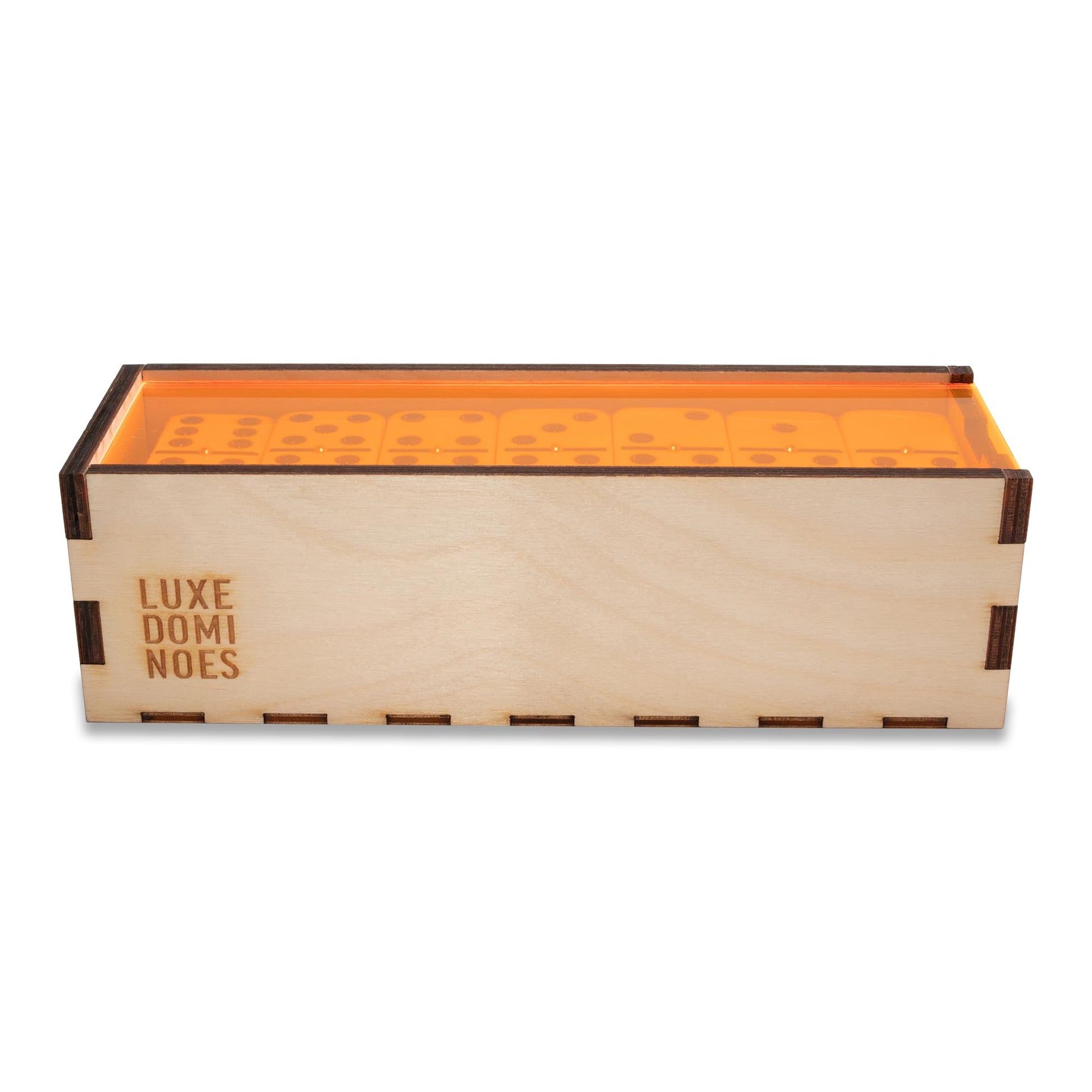 Deluxe Modern Domino Set Double Six, with Jumbo Sized Tournament Dominoes Black and White Two Toned with Spinner (Rivets) in Wood Box with Acrylic Top