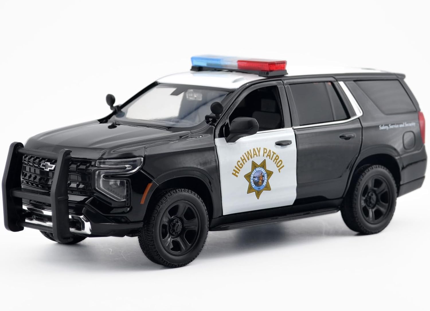 Motormax 2025 PPV CHP (California Highway Patrol) Black and White with Flashing Light Bar and Front and Rear Lights and Sounds 1/24 Diecast Model Car
