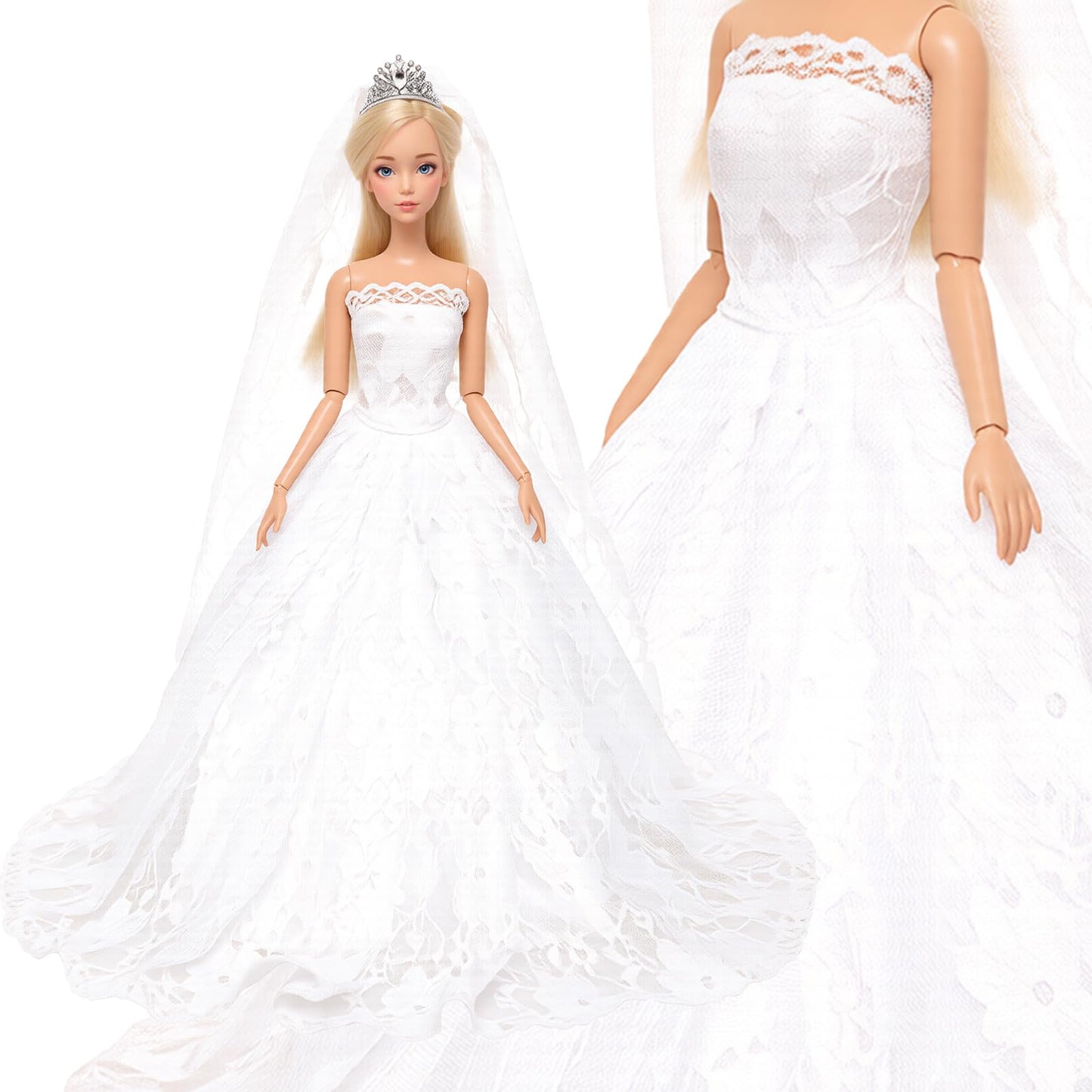BARWA White Wedding Dress with Veil and Princess Evening Party Clothes Wears Gown Dress Outfit with Hat for 11.5 Inch Girl Doll