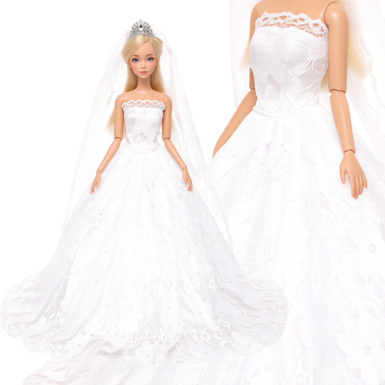 BARWA White Wedding Dress with Veil and Princess Evening Party Clothes Wears Gown Dress Outfit with Hat for 11.5 Inch Girl Doll