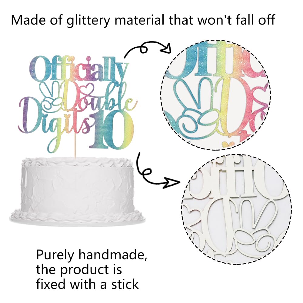 Sleyberoy Rainbow Gradient Glitter Officially Double Digits 10 Cake Topper