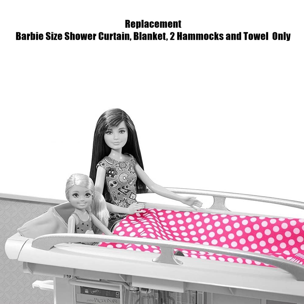 Mattel Replacement Barbie Size Shower Curtain, Blanket, 2 Hammocks and Towel for Barbie Camper Playset - FBR34, Pink, Blue, Yellow