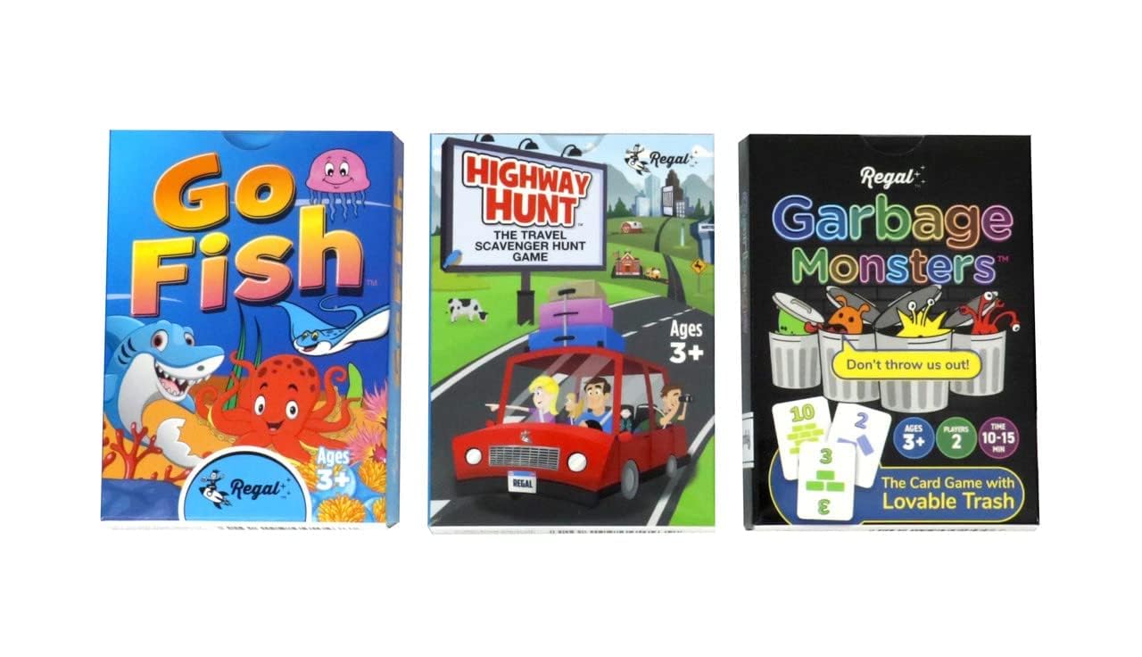 Regal Games - Go Fish, Garbage Monsters, Highway Hunt Card Games Set - Family-Friendly, Fun Card Games - Search & Find, Matching, Counting - Ages 3+