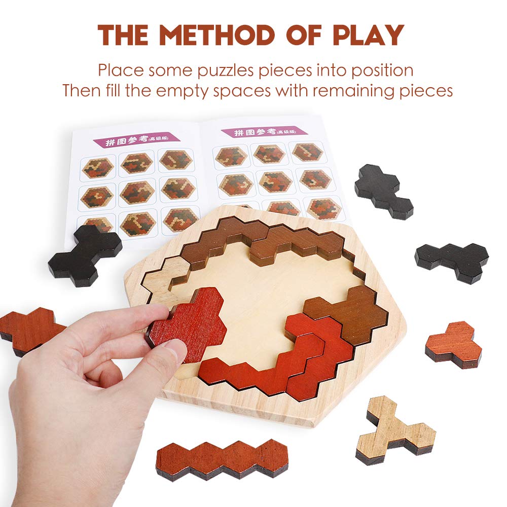 Skrtuan Wooden Hexagon Puzzle for Kids & Adults, Montessori STEM Educational Toy with Colorful Shapes, Logic IQ Brain Teaser Game for Kids, Geometry