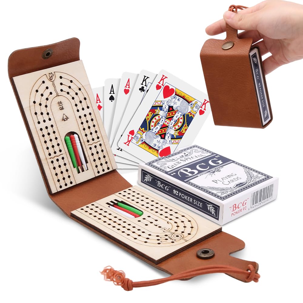 BEHEGTYE Foldable Travel Cribbage Board Game Set, Leather Cribbage Board Set - 6 Pegs, 1 Playing Card and Instruction, Portable Travel Cribbage Board