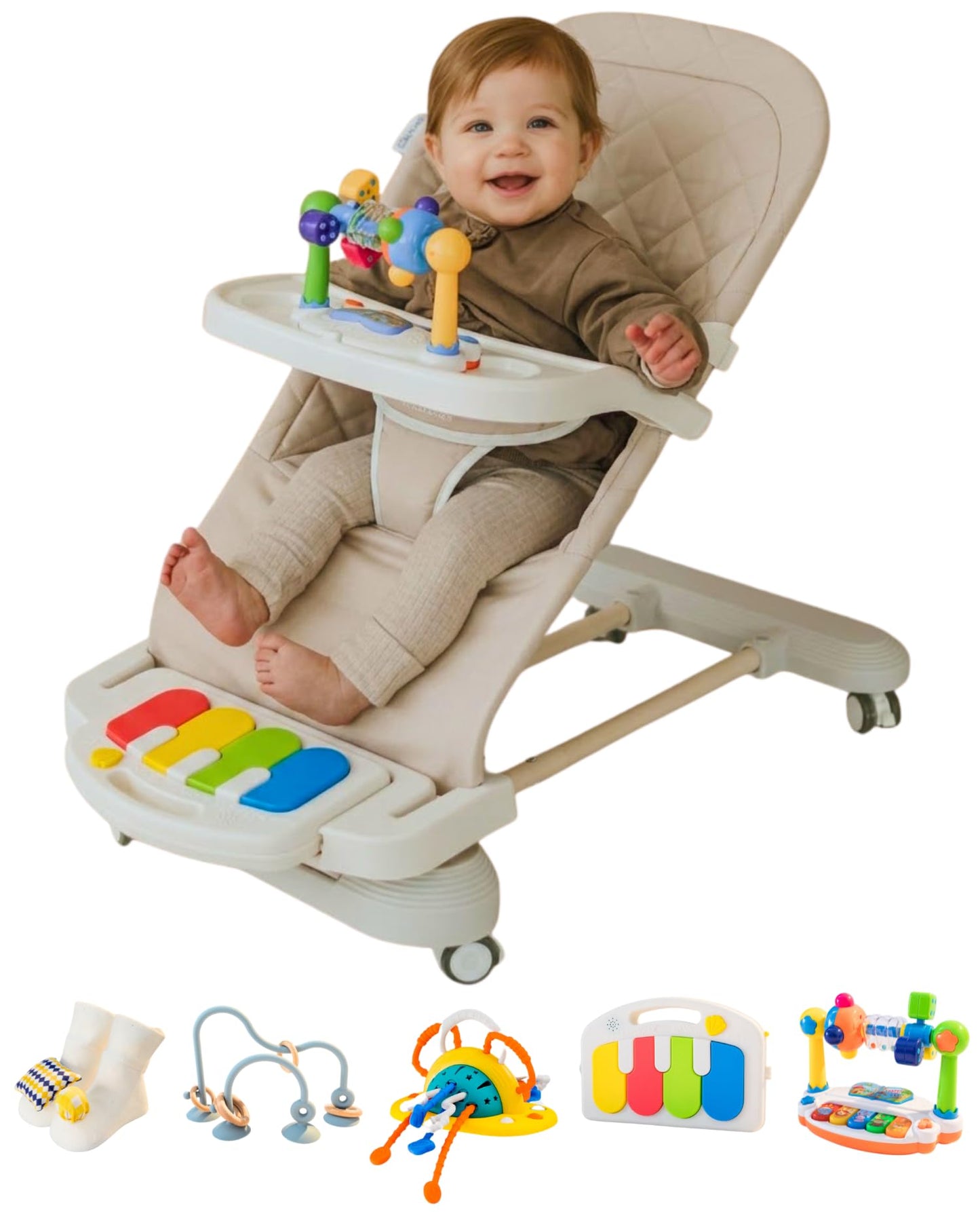 Cuddo Baby Bouncer Montessori| Sensory Toy, Piano, Tray, Rattle Socks| Khaki