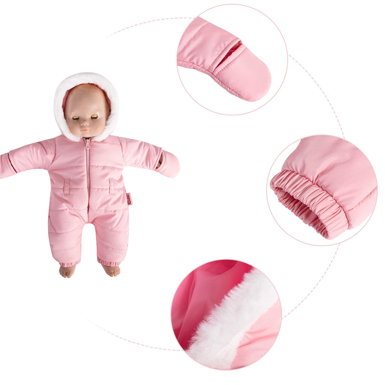 Rakki Dolli Doll Clothes Winter Romper Hooded Romper Outfit Snowsuit Warm Faux Fur Jumpsuit Fits 16" American Girl Doll (Pink Romper with Socks)