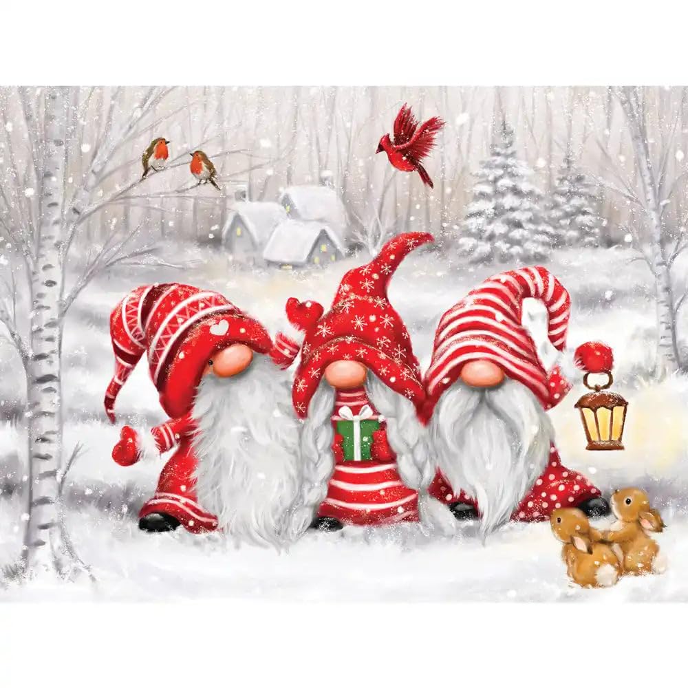 Bits and Pieces - Large 500 Piece Jigsaw Puzzle for Adults - Three Gnomes' Christmas Winter Jigsaw Puzzle by Artist Makiko, Completed Puzzle Size: 18"