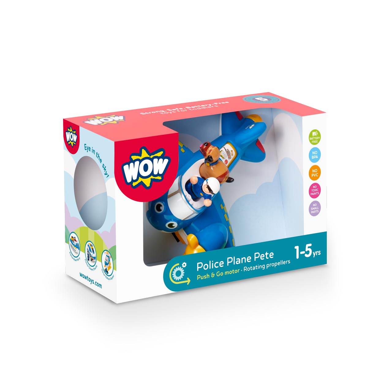 Wow Toys Police Plane Pete - Friction Powered Toy Plane with Pilot & Police Figures | No Batteries, Durable Preschool Vehicle for Toddlers Ages 1-5