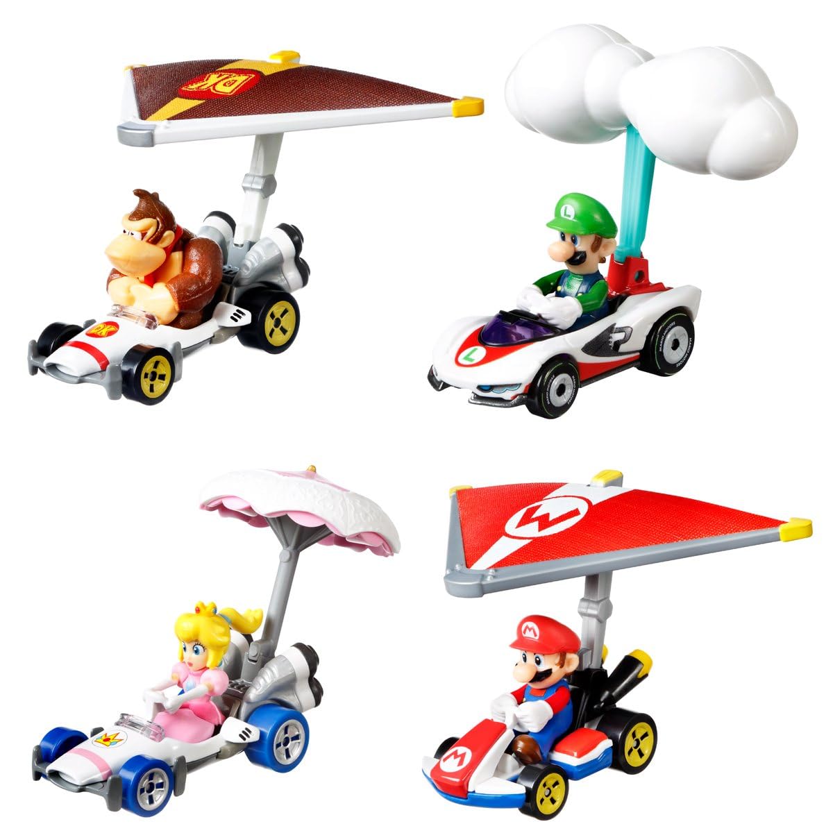 Hot Wheels Mario Kart Character Cars Collection Bundle, 4 Pack, Mario, Luigi, Donkey Kong, Princess Peach GVD30-956R