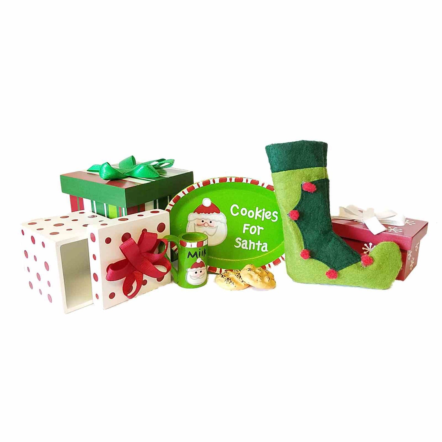 THE QUEEN'S TREASURES 18 Inch Doll Accessories, Christmas Play Set Includes 3 Gift Boxes, Stocking, Platter, Mug & Cookies for Santa. Compatible