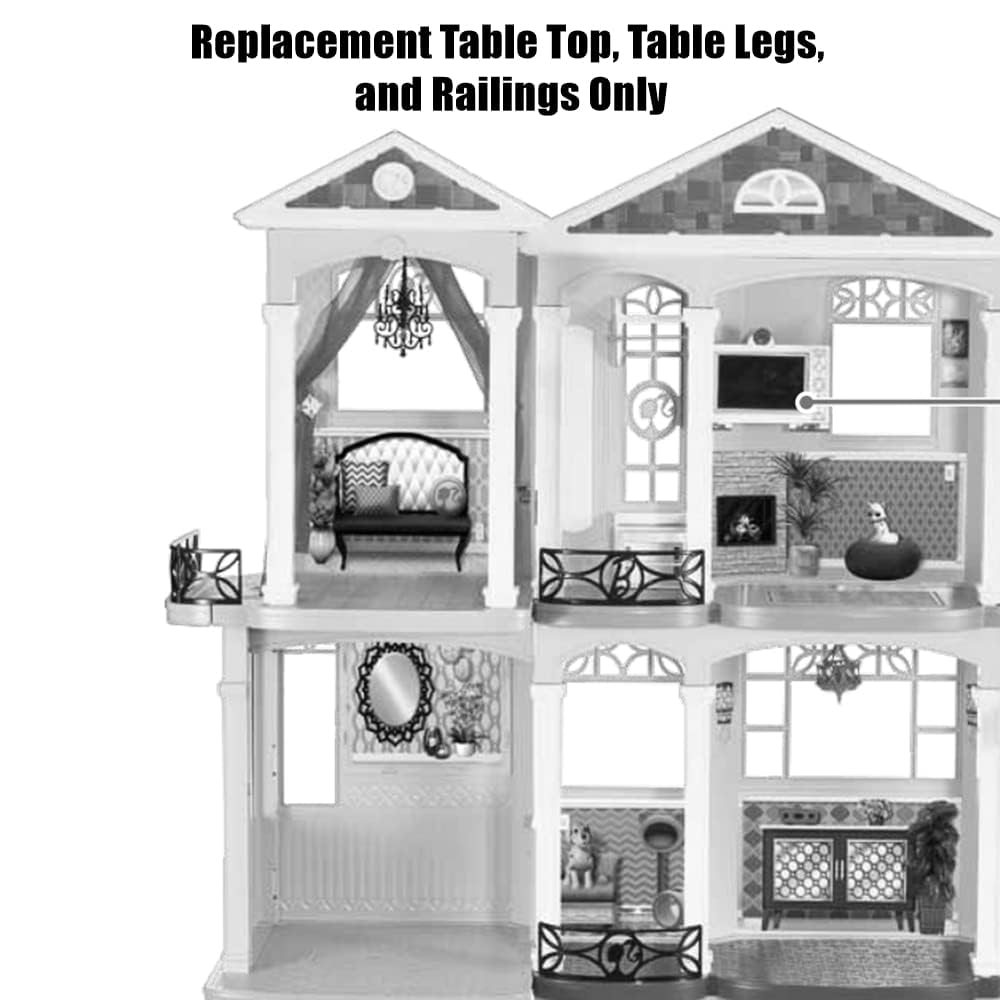Mattel Replacement Dollhouse Size Brown Table Top, Silver Table Legs and 3 Black Railings for Barbie Dream-House Playset - CJR47