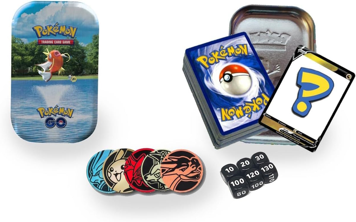 Pokemon Bulk Amazon Bundle: 50 Assorted Cards in a Random Tin - 1 Dice Set, 1 Coin