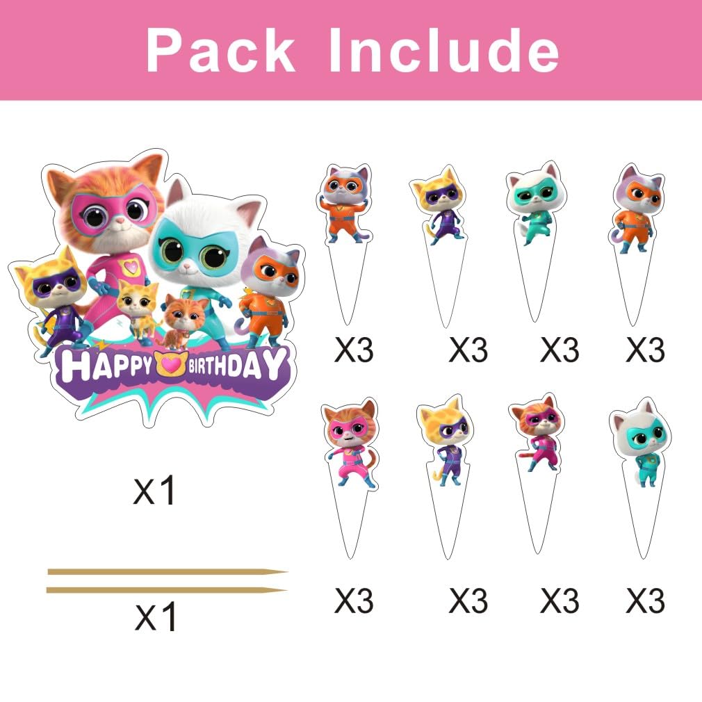 25pcs Super Cats Cake Decorations with 24pcs Cupcake Toppers, 1pcs Cake Topper for cats Birthday Party Supplies