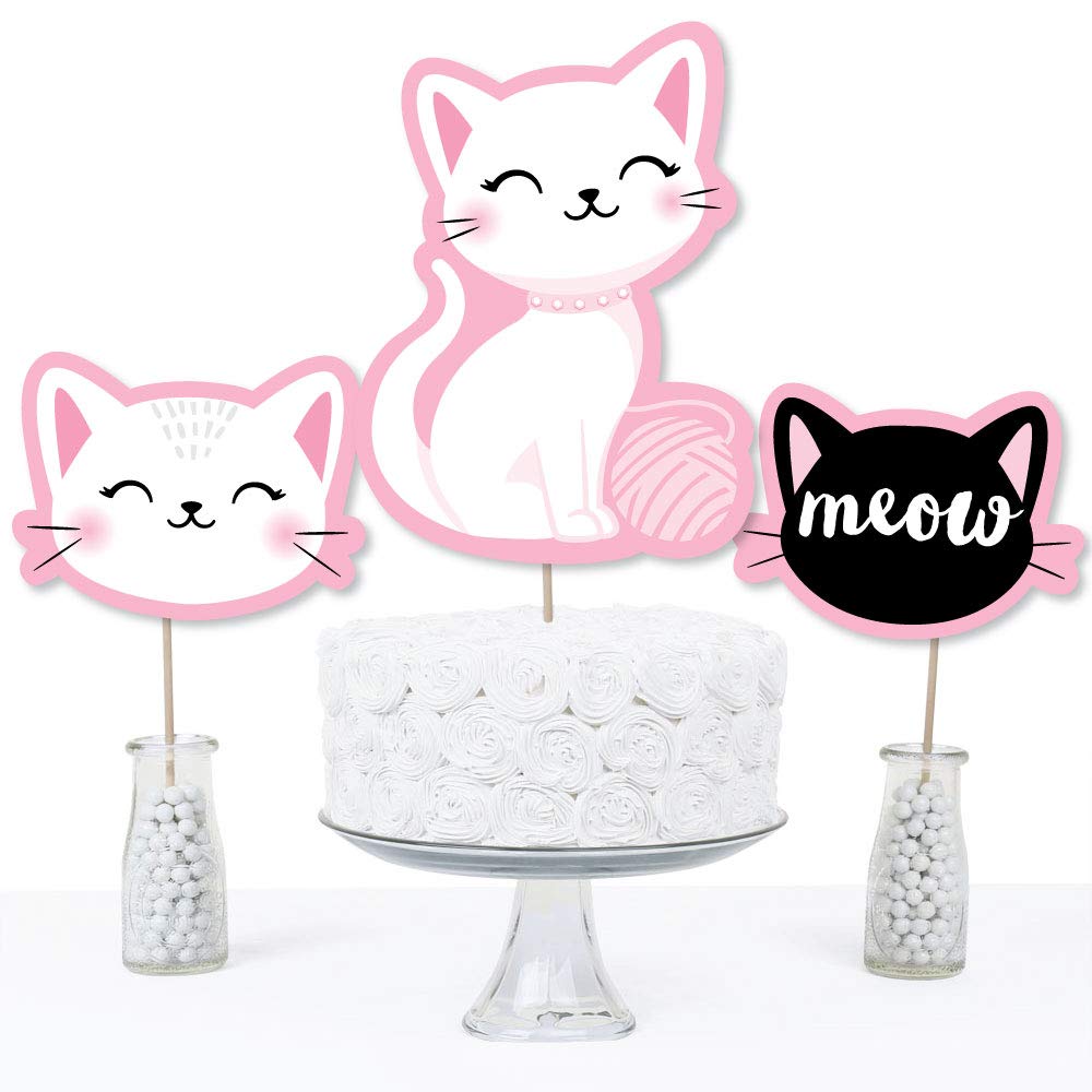 Big Dot of Happiness Purr-fect Kitty Cat - Kitten Meow Baby Shower or Birthday Party Centerpiece Sticks - Table Toppers - Set of 15