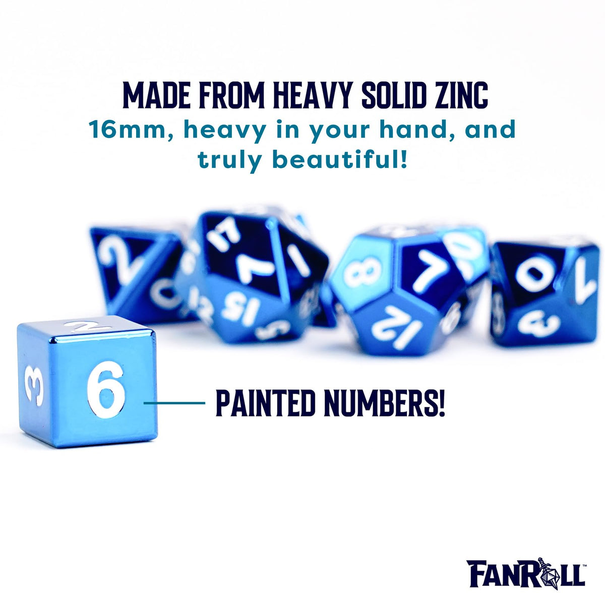 FanRoll 16mm Metal Polyhedral DND Dice Set: Blue, Role Playing Game Dice for Dungeons and Dragons