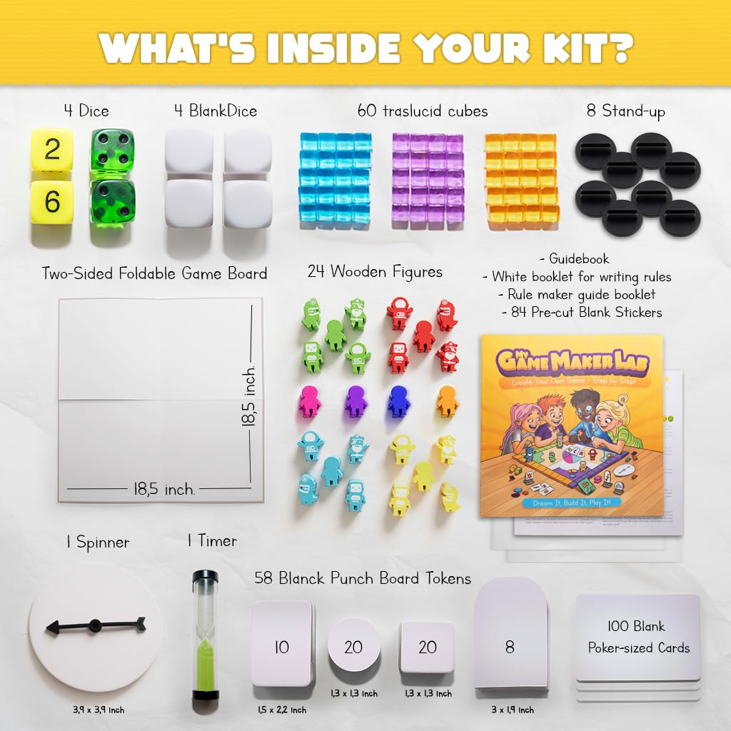 Blank Board Game Kit for Kids & Families - Make Your Own Game with 180+ Pieces: Double-Sided Blank Game Board, Blank Cards, Dice, Wooden Tokens