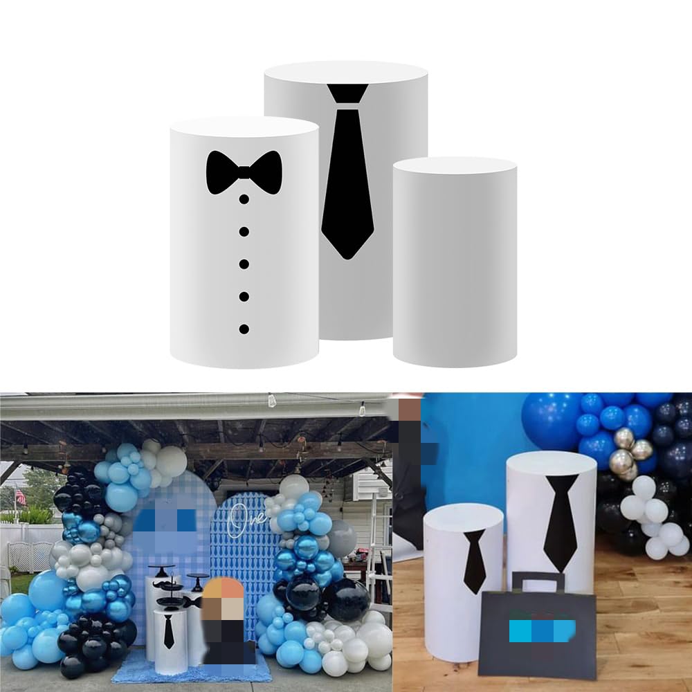 ittsmnt Cylinder Covers Set of 3 Pieces Black Stripes Bow Tie Pedestal Plinth Stand Covers Boys Baby Shower Birthday Party Tablecloth Decorations (Set
