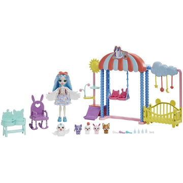 Enchantimals Doll and Accessories, Darling Daycare Playset, Starley Stork Doll, Bouncer and 4 Baby Bestie Animal Figures, Crib and More, Baby Best
