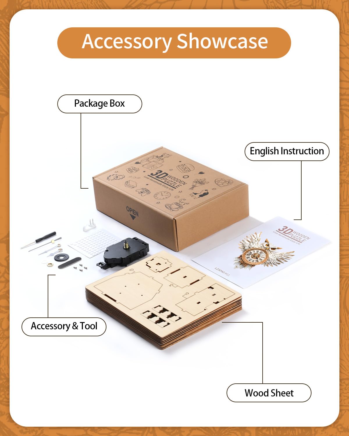 3D Wooden Puzzles for Adults Snowy Owl Design Clock Model Kit with Pendulum