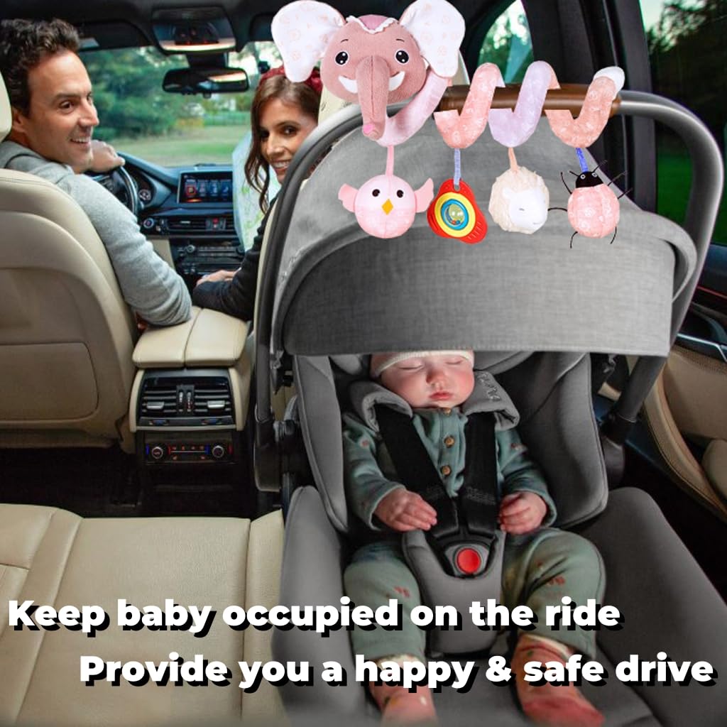 Musical Owl Rattle Sheep Pink Elephant Car Seat Toys for Babies 0-6 Months, Hanging Stroller Toys for Baby Girls 3-6 Month, Newborn Girl Infants Baby