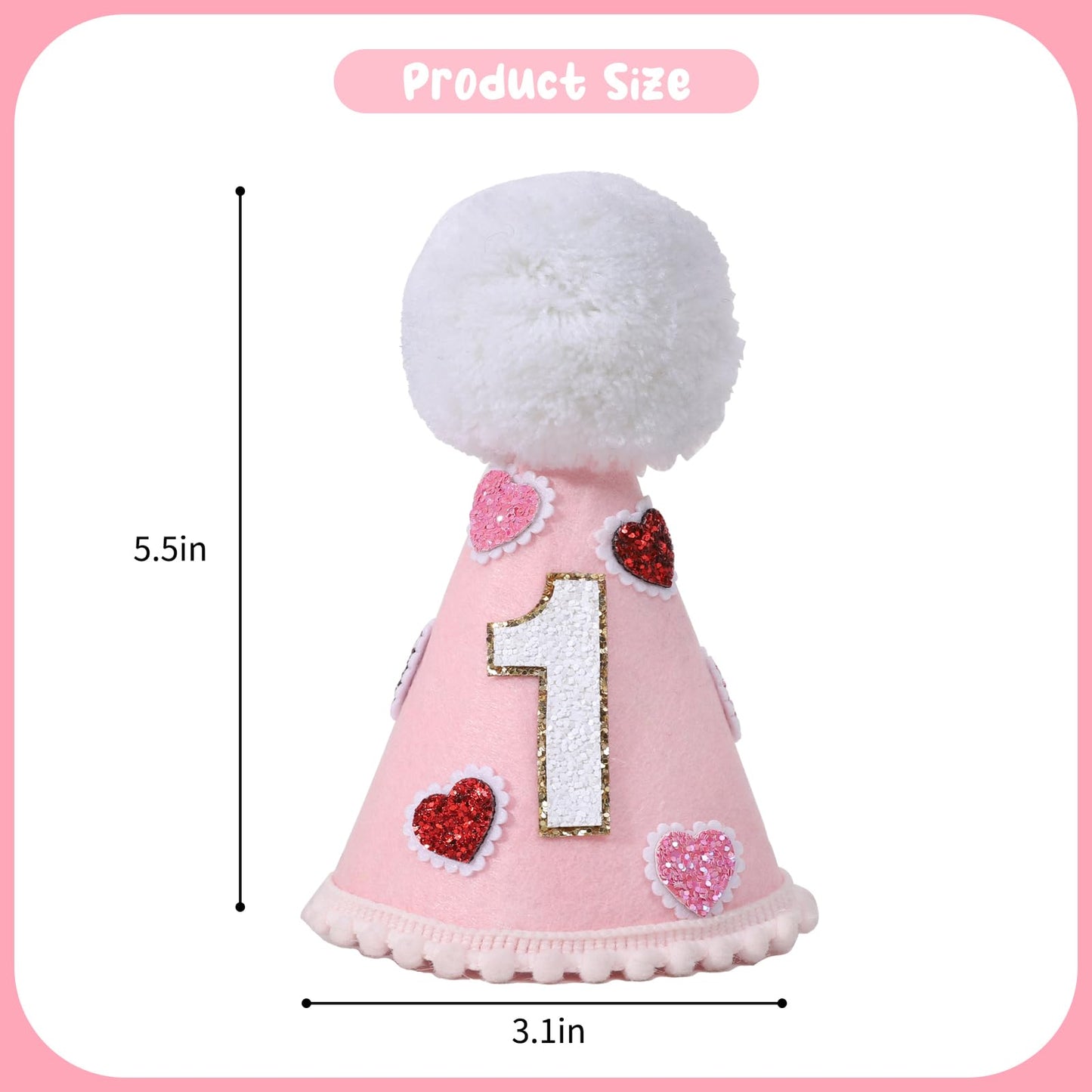 YOUAME Pink Heart Party Hat - Girls 1st Valentine Birthday Party Decorations,Love Day Cone Hat,1st Year Party Decors, One Birthday Crown Outfit