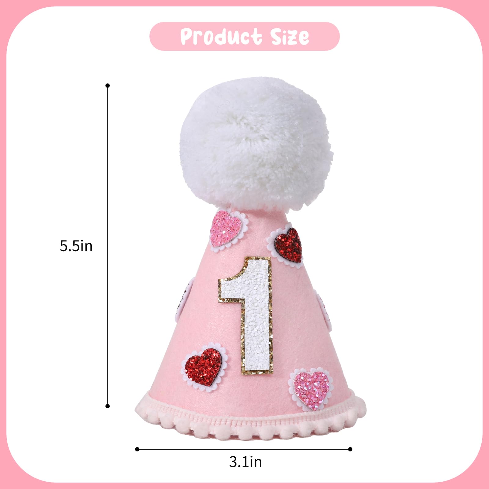 YOUAME Pink Heart Party Hat - Girls 1st Valentine Birthday Party Decorations,Love Day Cone Hat,1st Year Party Decors, One Birthday Crown Outfit