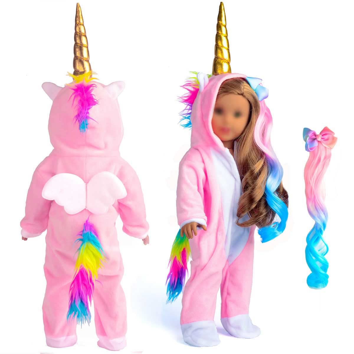 sweet dolly 18 Inch Doll Clothes Unicorn Onesie Pajamas Rainbow Color Hair Bow Clips Costume Fits 18 Inch Doll (Doll Not Included)