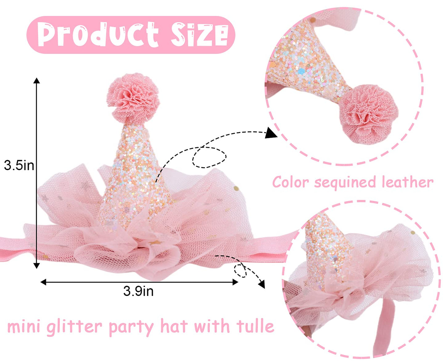 LINLULU Mini Birthday Hat Headband - First Birthday Hairband, 1st to 3rd Birthday Hat Headband, Newborn Headbands for Girls, Pet BirthdayHat