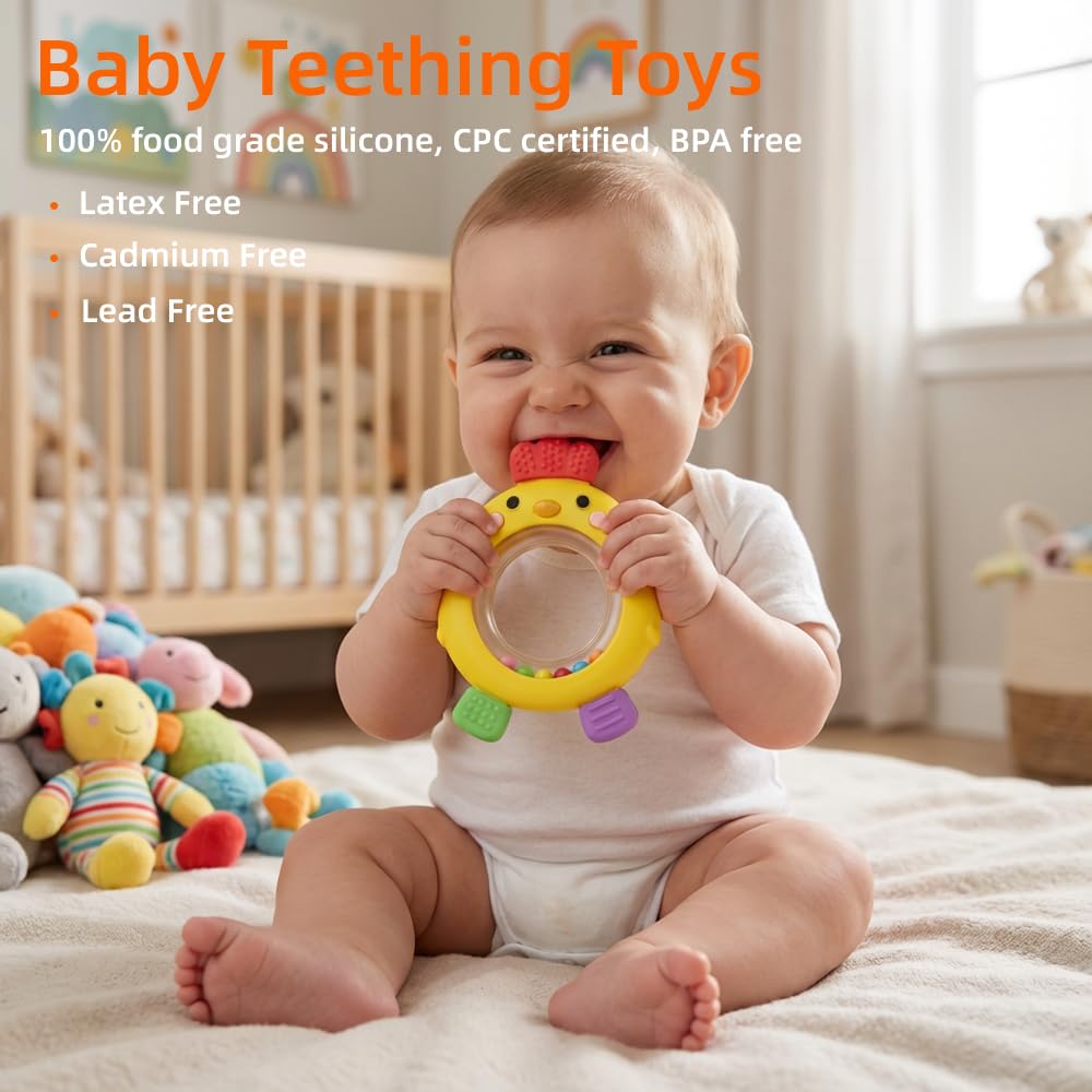 Baby Teether Rattle Toy,Babies Teething Rings Toys for 0-6 6-12 Months,Chicken Shape Textured Silicone Chew Toy for Gum Relief,Silicone Teether,BPA