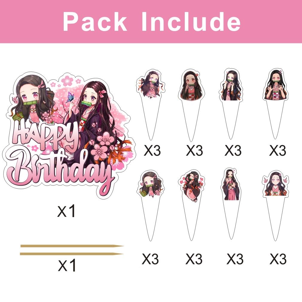 25pcs Nezuko Cake Decorations with 1pcs Cake Topper, 24pcs Cupcake Toppers for Demon Birthday Party Supplies