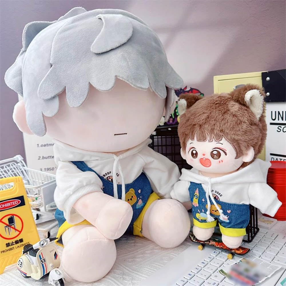 niannyyhouse White Hoodie One Shoulder Denim Strap Pants 10cm~15cm 20cm 40cm Plush Doll Outfit Dolls Dress Up Accessories (White 20cm)